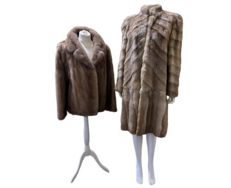 A vintage pastel mink jacket with milk chocolate satin lining, notched collar and two furrier clips to fasten, Saga Mink, a s
