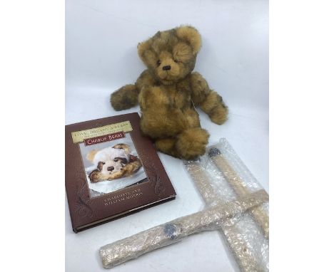 Charlie Bears; vintage teddy bear set to include Jonty puppet teddy with his puppet hand hold frame and a Charlie bears 2013 