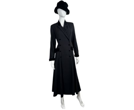 A 1980s Laura Ashley riding coat, size 14 label in a wool crepe with velvet trim along with two pairs or Laura Ashley shoes, 