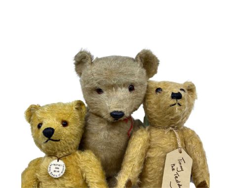 Three vintage teddy bears to include a 1950s 14" Chiltern bear with articulation, squeaker is present but no longer squeaks, 