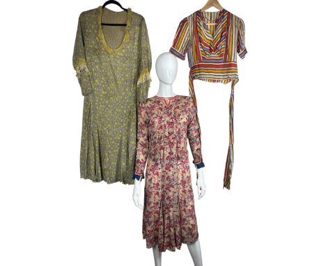 1930s fashion to include a silk crepe dress with a print in black and chartreuse on an off white ground and ruffle trims in c