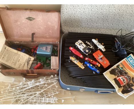 Vintage scalextric track cars and accessory toys-2 cases full-Played with and some faults so a great for payout add on and pr