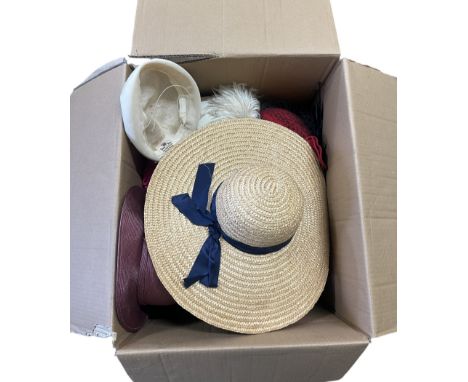 Large box vintage hats, mostly 1980s with some earlier to include Straw sun hats, formal hats in fabric and felt in various s