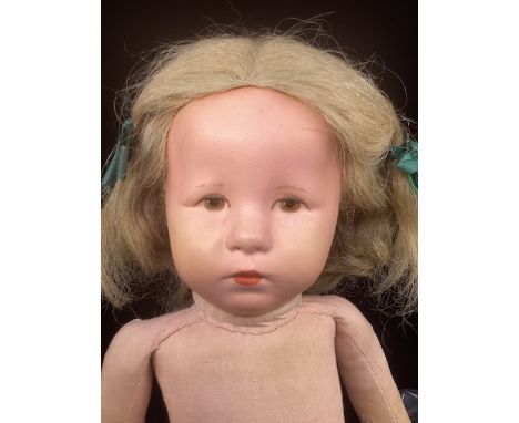   Kathe Kruse antique German Hempelchen doll , with a human Hair wig  and painted cloth head .18” tall with the classic Igor 