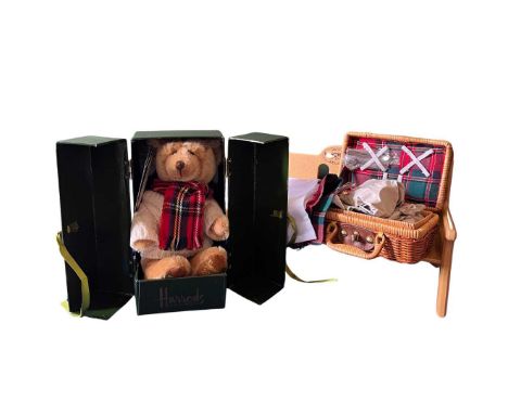 Vintage Merrythought Harrods boxed bear alongside accessories to include a branded Merrythought ceramic picnic set with tarta