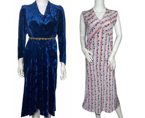 A group of vintage clothing, 1930s and later to include a 1930s dress in blue figured velvet, a 30s summer dress in red, whit