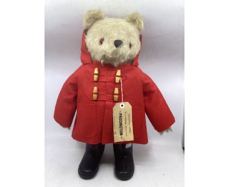 Paddington vintage 1970s Bear Large early Clarkson teddy bear with label and red felt coat with Wellingtons , with hat ( red 