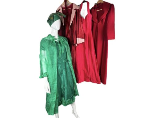 1960s and later fashion to include an emerald green shantung and voile cocktail dress with voile coat and similar scarf with 