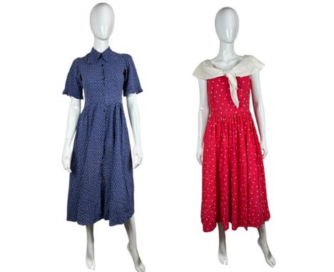 A Laura Ashley Dyers & Printers label shirtwaist dress in blue with a white ditsy floral print, a Laura Ashley “Made in Engla