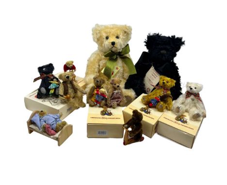 Vintage Hermann teddy bears to include a black plush mohair 16414-0 32/75 with stitched nose, amber glass eyes, felt paw pads