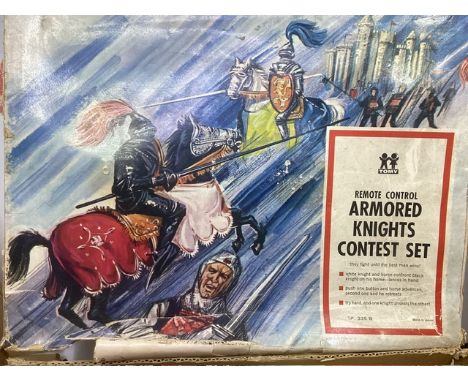 Vintage 1960s TOMY Remote Control Armored Knights Contest set -Its a Lance against Shield for the Victor , with electronic un