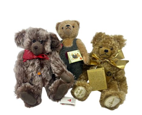 Three vintage German bears to include a Hermann The Golden Bear curly mohair musical bear that plays 'Let me be your Teddy Be