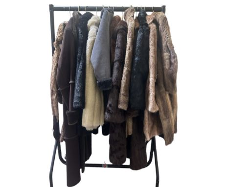 Vintage fur, faux fur and sheepskin to include 3 musquash coats, 2 squirrel coats, a black rabbit jacket, 2 musquash and 1 sq