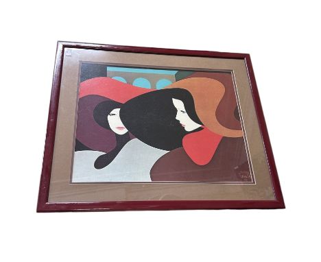 A large and colourful figurative lithograph print of two females in the art deco style by Amleto dalla Costa (1980). Dalla Co