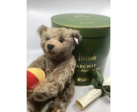 Steiff Harrods special Archie mohair teddy bear with his special green hatbox with certificate and papers and outer Harrods s