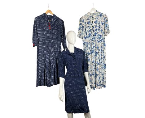 A group of 1940s fashion to include 1940s shirtwaist dress in a floral rayon crepe, looks to be unworn, a 1940s striped cotto