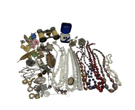 A group of vintage and antique costume jewellery and others items to include opera glasses, 2 silver thimbles, 22 ct gold pla