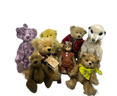 A collection of vintage bears to include a Knarf bear with ruff to neck, a SOSCH bear with silk neck scarf, a German 'Martin'