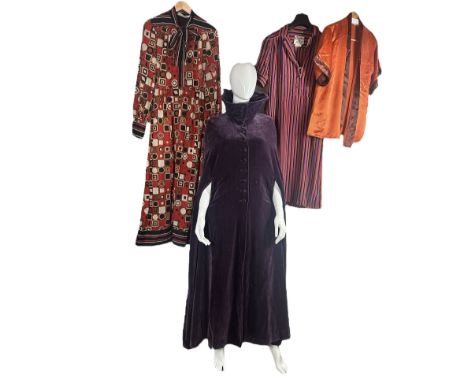 A biba full length cape in purple velvet, label has been cut out, a Jean Varon maxi dress with geometric print in red, black 