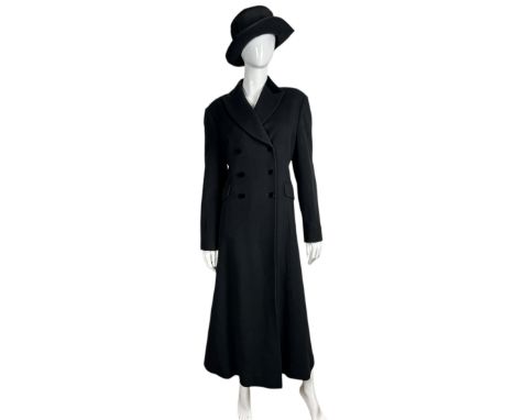 A Laura Ashley 'riding' coat in black wool with black velvet trim, a double breasted fastening and part back belt along with 