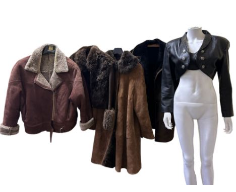 Vintage leather and sheepskin jackets to include a 1980s James Chapman lambskin jacket with buckle, a cropped black leather j