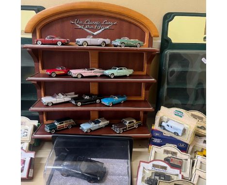 Large vintage quality diecast collection and display shelving ; to include a Franklin Mint classic cars of the1950s shelving 