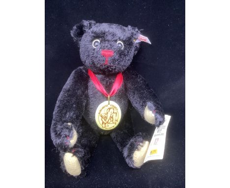 Steiff Museum bear, as sold , issued 2002 -a black Black Mohair special teddy bear from the museum collection., with red neck