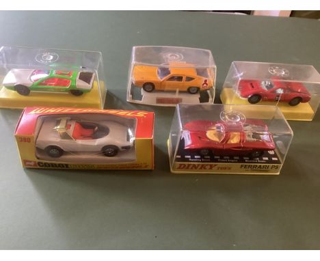 Vintage Dinky diecast toys in boxes vgC to include; Dinky Ferrari p5, a red Ferrari, a Lamborghini white and Green livery , a