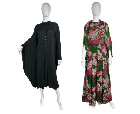 A 1970s/80s Jean Muir poncho dress in a black viscose jersey, a late 70s/80s dolman sleeve dress with crinkle scalloped edge 