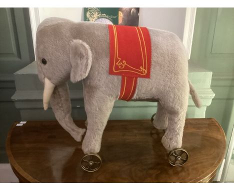 Steiff oversized largeboxed Elephant toy 1903 Replica fine toy on wheels large 43cm wide in Grey with saddle and metal framed