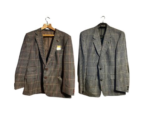 A selection of mens vintage suits and jackets to include a grey woollen pinstripe suit by Leo International, a tweed shooting