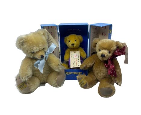 Three vintage Merrythought bears to include a soft blonde mohair plush by Oliver Holmes with baby blue satin bow, a 24cm moha