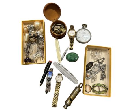 A collection of vintage and antique costume jewellery, watches and other items to include two hallmarked silver fobs, a 1920s