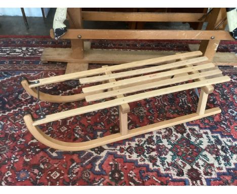 Vintage Steiff sledge for children made from wood &nbsp;with pull metal bar and Steiff printed label on lats.30&rdquo; long +