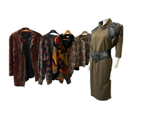 A group of 1970s and 1980s women's fashion to include a Maggie carol tapestry jacket, an Art Deco inspired velour jacket, a M