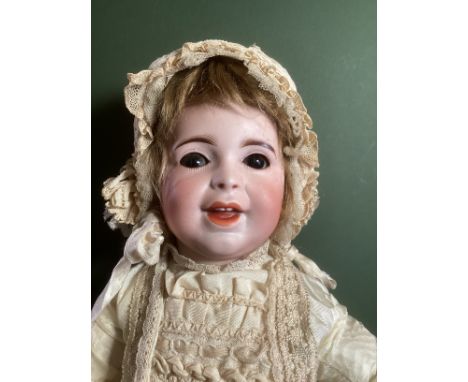    French SFBJ Laughing faced Doll  cream laughing jumeau toddler doll 236 model 16” standing firm articulated , open closed 