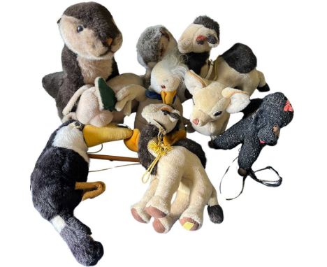 Merrythought vintage&nbsp; stuffed teddy toy plushes to include an otter, two camels, a poodle, toucan, pink elephant, duck a