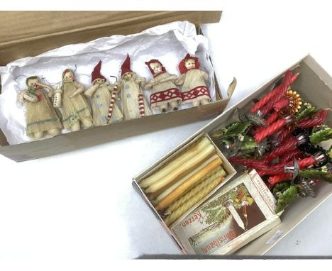 Vintage Christmas decorations to include a box of crepe &nbsp;paper tree figures and some branch metal clips and various old 