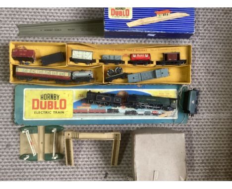 Hornby Dublo train set and level crossing, power unit and platform accessories, and scalextric cars x 3 and Duchess of Montro