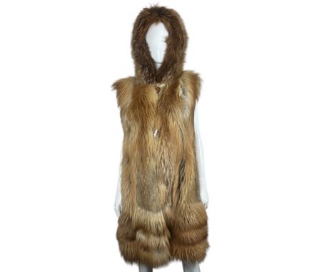 Two vintage fox fur gilets, long line with hoods, one in a shaggy ginger fox with chocolate lining by Saga Fox, sz 46 and the