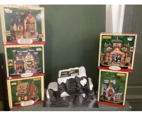 Lemax Village Large collection new and unused Vintage Christmas ornamental pieces ; to include Church , Theatre, Village Groc