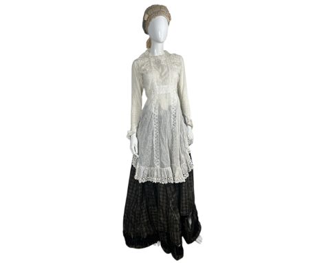 Late 19th century fashion to include a plaid silk skirt (s/d), a Swiss dot muslin apron with cutwork flounce (some repairs), 