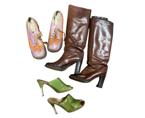 Two boxes of vintage shoes and boots to include a pair of 1970s cork platform wedges, 1970s knee high boots, 1970s green appl