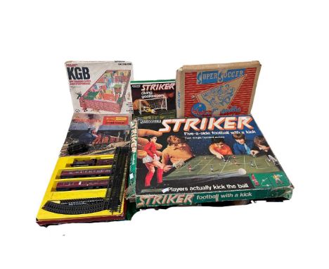 Vintage toys and football games to include a Mamod steam engine, KGB spy game, Strike by Parker football set with the extra d