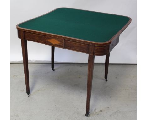 A 19th century inlaid mahogany fold-over card table with baize-lined interior on square tapering legs to casters, 77 x 92 x 9