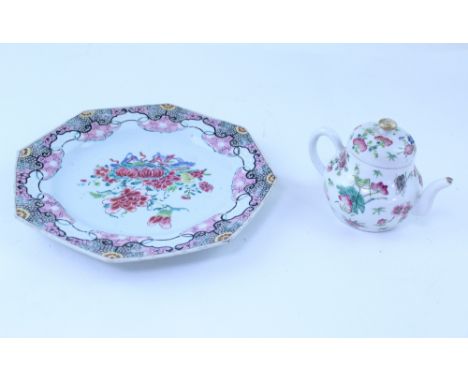 A 19th century Famille Rose octagonal plate, enamel decoration to the centre of peonies within an abstract border, diameter 2
