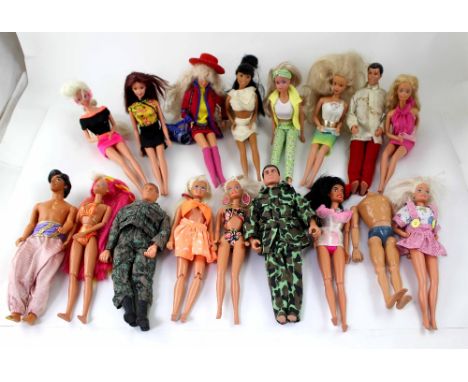 A large quantity of various Barbie, Action Man and other play figures with various hair, costumes and accessories, also a cop