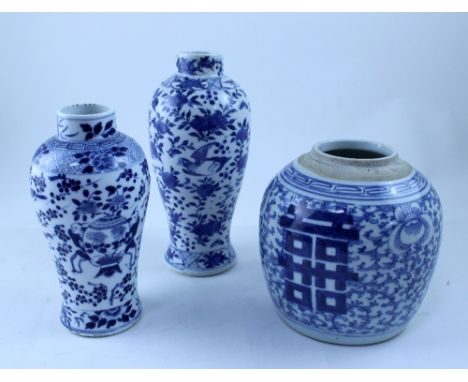 Two 19th century Chinese blue and white porcelain vases of baluster form, the tallest decorated with birds, insects and butte