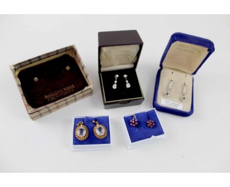 Five pairs of earrings including ruby cluster, diamond and sapphire etc (5). CONDITION REPORT One pair stamped 9ct.