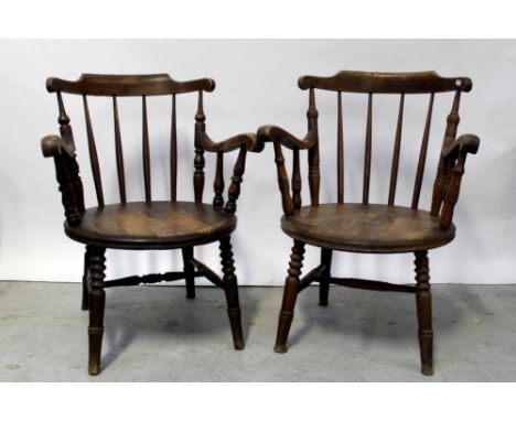 A pair of late 19th century ash and elm stick-back armchairs with rounded seats, possibly Continental (2).